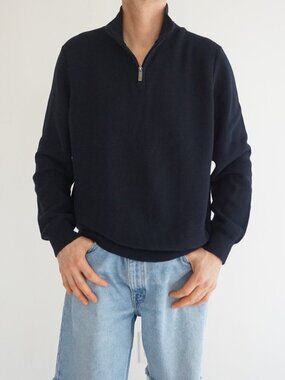 Perry Ellis Mens Navy Waffle Knit Quarter Zip Mock Neck Classic Soft Cotton XL
